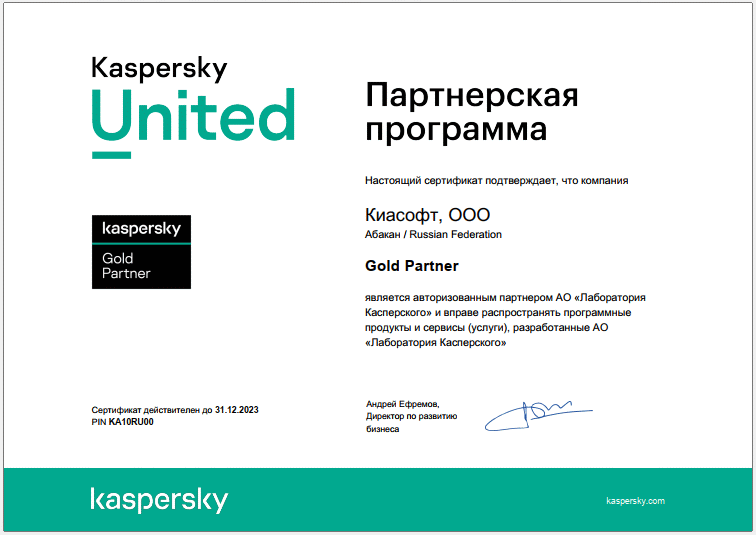Kaspersky Partner certificate